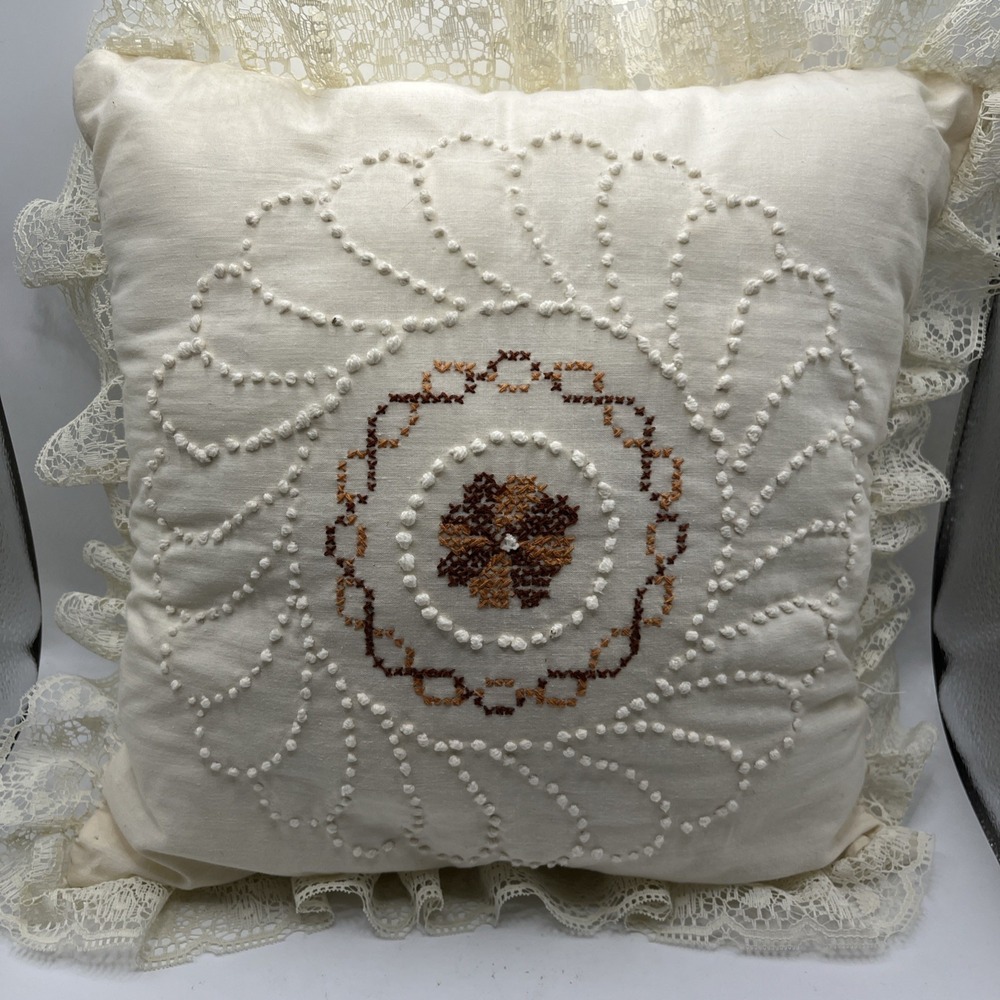 Vintage Throw Pillow Embroidered Floral White Brown Lace Trim 14" Square